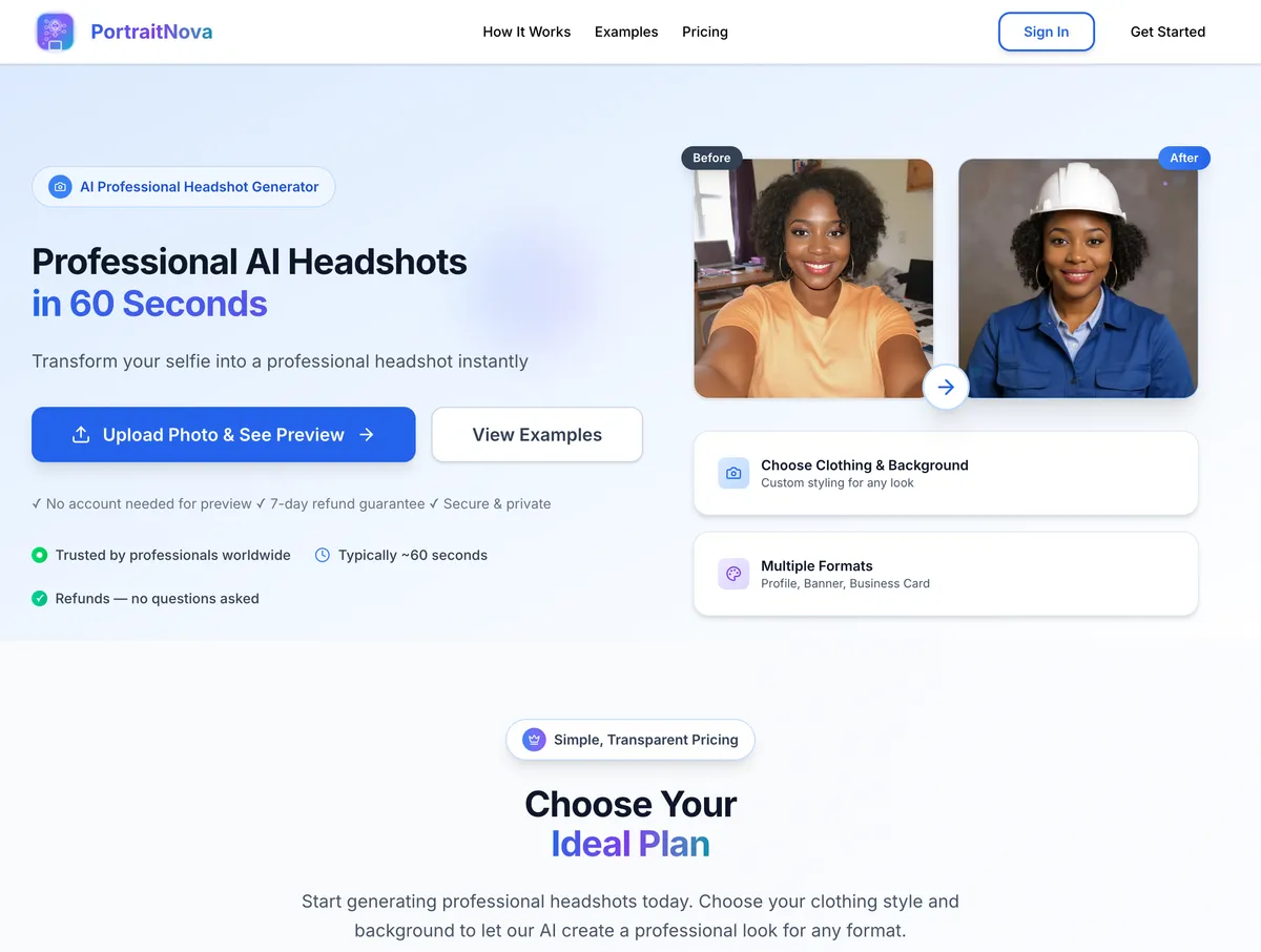 PortraitNova before and after transformation showing a selfie converted to professional headshot